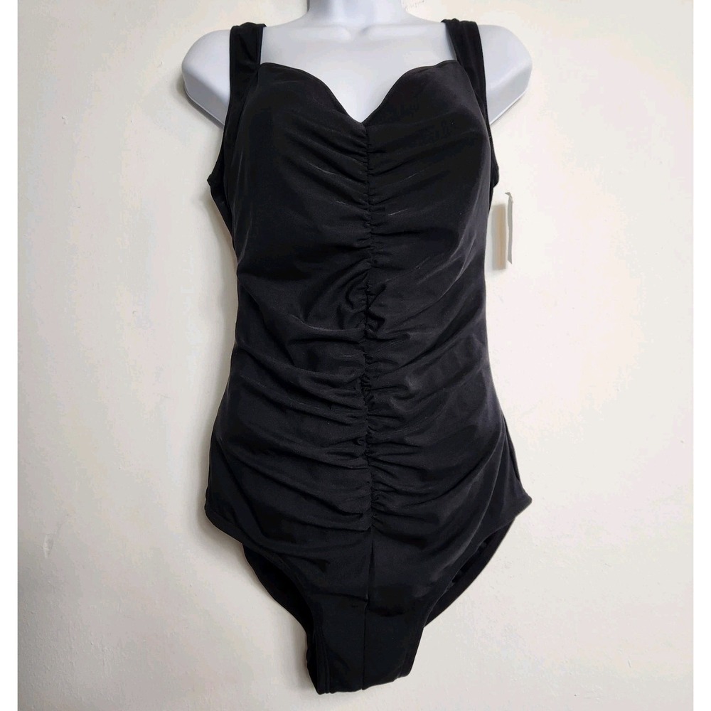 New Lane Bryant Venezia Sport 16W Black Ruched Slimming One Piece Swimsuit NWT